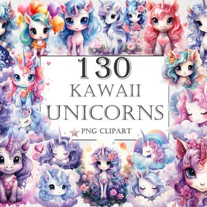 130 Watercolor Kawaii Unicorns Clipart | Magical Fantasy, Cute, Adorable Baby Unicorn Illustrations, Instant Download for Commercial Use