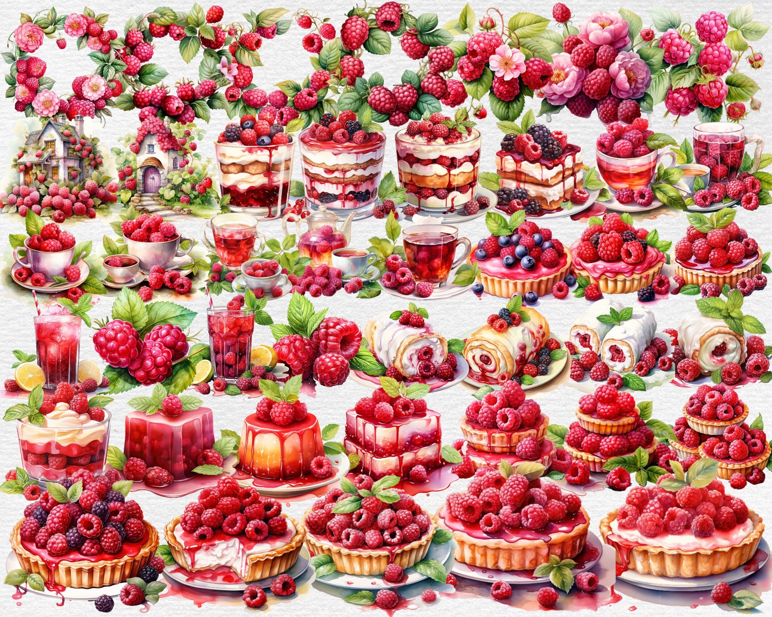 Raspberries Watercolor Clipart Bundle - 241 PNG Images of Berries Cake ...