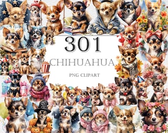 May include: A collection of 301 watercolor illustrations of Chihuahua dogs in various poses and with different accessories. The illustrations are in a variety of colors, including brown, white, black, and tan. The text "301 Chihuahua PNG Clipart" is displayed on a white banner.