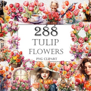 Tulips Watercolor Clipart Bundle, 288 PNG Tulip Flower Images, Beautiful Floral Graphics, PNG, Instant Digital Download, Commercial Use