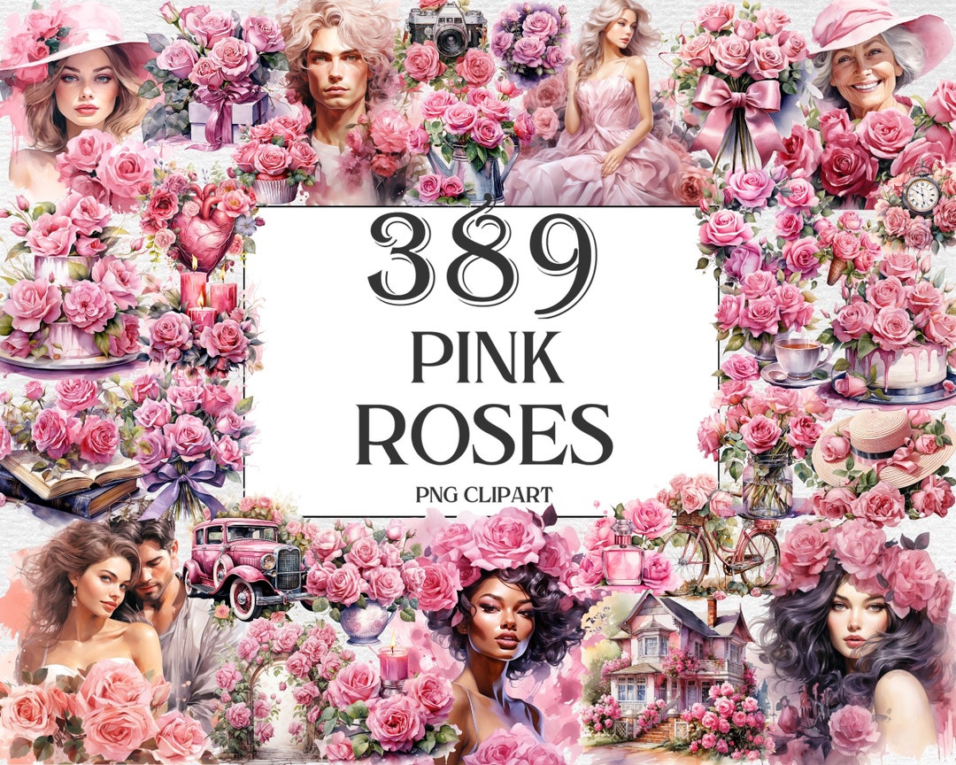Pink Roses Flowers Watercolor Clipart Bundle - 389 PNG Flower Images ...