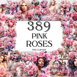 Pink Roses flowers Watercolor Clipart Bundle - 389 PNG Flower Images, Beautiful Floral Graphics, Instant Digital Download, Commercial Use