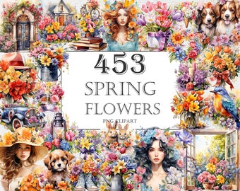Spring flowers Watercolor Clipart Bundle - 453 PNG Flower Images, Beautiful Floral Graphics, Instant Digital Download, Commercial Use