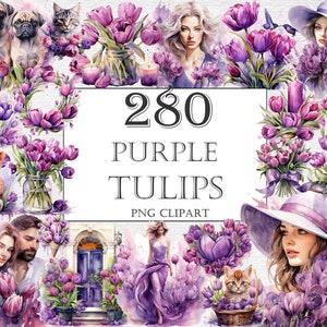 Purple Tulips Watercolor Clipart Bundle, 280 PNG Tulip Flower Images, Beautiful Floral Graphics, Instant Digital Download, Commercial Use