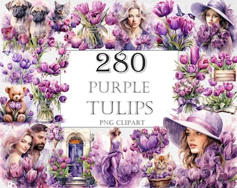 Pacote de clipart em aquarela de tulipas roxas, 280 imagens PNG de flores de tulipa, lindos gráficos florais, download digital instantâneo, uso comercial