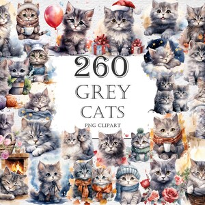 Grey Cats Watercolor Clipart Bundle - 260 PNG Adorable Images, Cute Kitten Graphics Printables, Instant Digital Download, Commercial Use