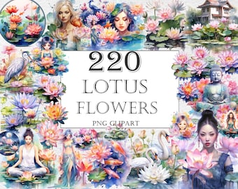 Pacote de clipart de flores de lótus em aquarela 220 imagens de flores PNG, lindas lagoas de lírios florais PNG, nenúfares Download digital instantâneo