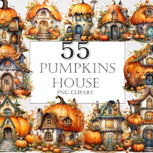 Watercolor pumpkin fairy house clipart, 55 PNG autumn pumpkin cottage clipart, Fantasy Magical Homes, Fairy tale house, Halloween clipart