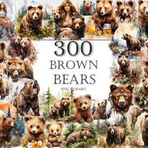 Pacchetto di clipart acquerello orsi bruni - 300 immagini PNG Grizzly, grafica degli animali della foresta della fauna selvatica, download digitale istantaneo, uso commerciale