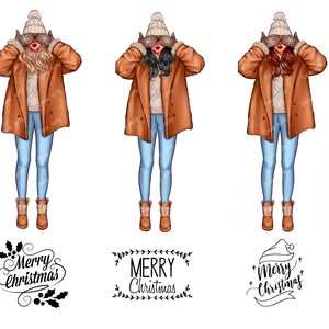 May include: Three illustrations of women wearing brown coats, white knit hats, and blue jeans. Each woman is covering her eyes with gloves. The text "Merry Christmas" is written below each illustration.
