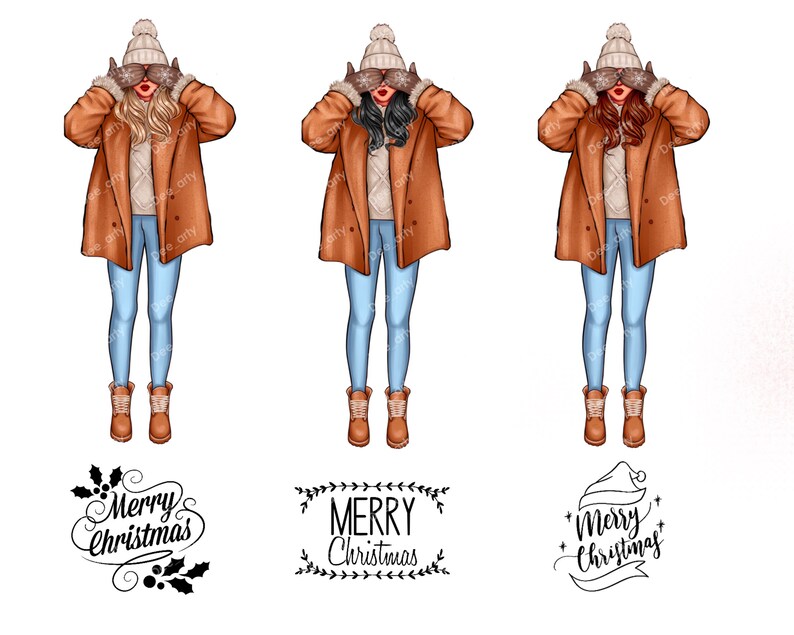 May include: Three illustrations of women wearing brown coats, white knit hats, and blue jeans. Each woman is covering her eyes with gloves. The text "Merry Christmas" is written below each illustration.
