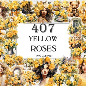 Watercolor Yellow Roses Clipart Bundle - 407 PNG Images of Summer Flowers Art, PNG, Instant Digital Download Graphics, Commercial Use