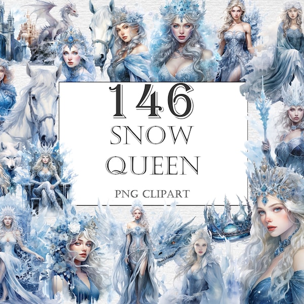 Watercolor Winter Ice Queen Clipart Bundle PNG, Magical Winter Fairytale Illustrations, Fantasy Snow Queen, princess, Winter dragon, castle