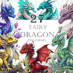 Fantasy colorful dragon clipart, Watercolor dragon clipart, Instant download, Fantasy illustrations, Fairy dragons png bundle, Transparent