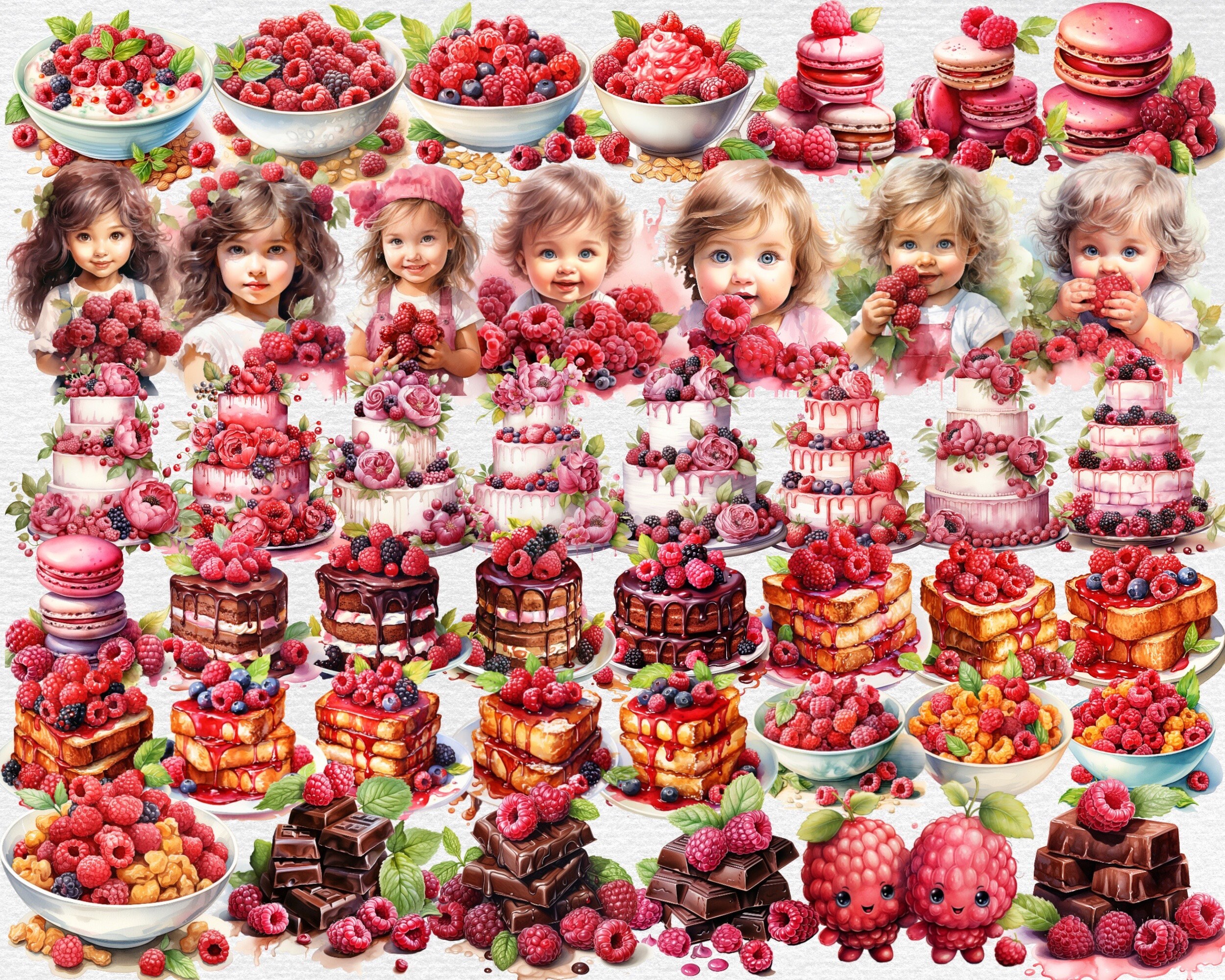 Raspberries Watercolor Clipart Bundle - 241 PNG Images of Berries Cake ...