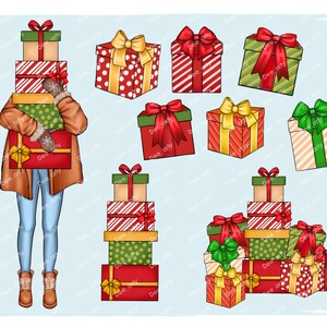 May include: A woman wearing a brown coat and blue jeans is carrying a stack of wrapped gifts. The gifts are decorated with red, green, and gold ribbons. There are also several stacks of wrapped gifts in the background, all decorated with different colors and patterns.