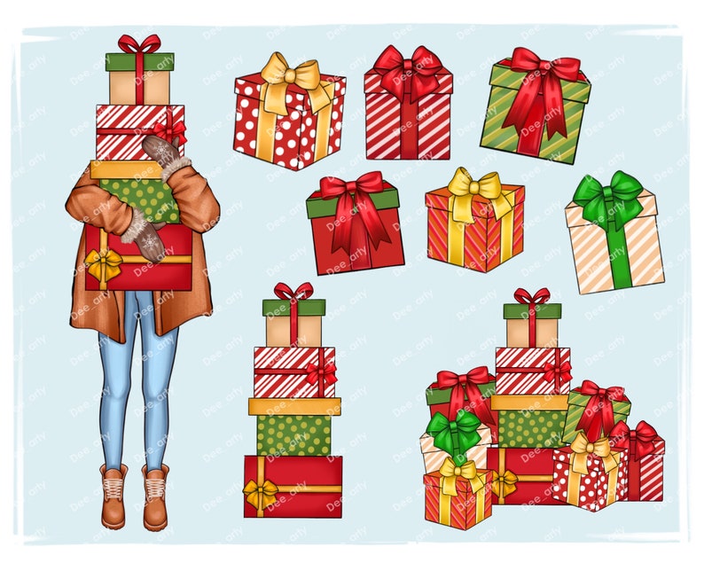 May include: A woman wearing a brown coat and blue jeans is carrying a stack of wrapped gifts. The gifts are decorated with red, green, and gold ribbons. There are also several stacks of wrapped gifts in the background, all decorated with different colors and patterns.