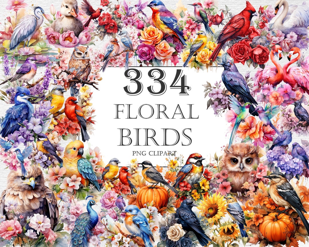 Birds With Flowers Watercolor Clipart Bundle - 334 PNG Floral Birds ...