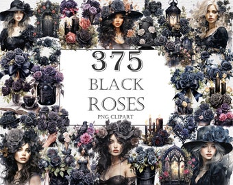 Black Gothic Roses flowers Watercolor Clipart Bundle - 375 PNG Dark Flower Images, Floral Graphics, Instant Digital Download, Commercial Use