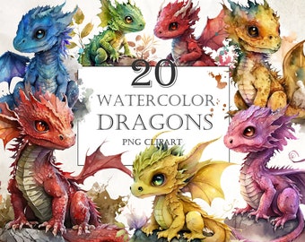 Watercolor baby dragon clipart png, Cute beautiful fantasy dragon clipart, Instant Download, Card making, Fairy dragon png, Sublimation