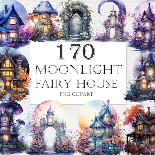 Moonlight Fairy Houses Watercolor Clipart Bundle - 170 Colorful Magical Fairytale clipart, Mushrooms house, Fairy doors, Halloween house png