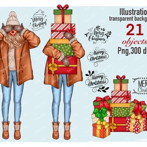 May include: Two illustrations of women wearing winter clothing. One woman is holding a stack of wrapped gifts, the other is covering her eyes with her hands. The image includes several illustrations of gift boxes and the text "Merry Christmas".