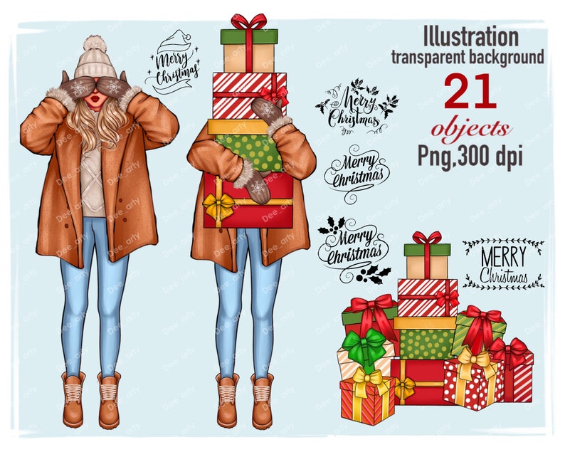 May include: Two illustrations of women wearing winter clothing. One woman is holding a stack of wrapped gifts, the other is covering her eyes with her hands. The image includes several illustrations of gift boxes and the text "Merry Christmas".
