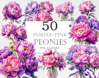 Pink & Purple Peonies Watercolor Clipart, Summer flowers clipart, Peonies Bundle, Free Commercial, PNG flowers, Peony clipart wreath frame