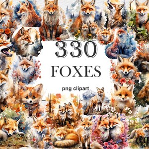 Bundle de cliparts aquarelle renards - 330 PNG Images de renard sournois mignon forêt, graphiques de créature des bois, téléchargement numérique instantané, usage Commercial