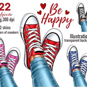 K&ouml;nnte beinhalten: Illustration von drei Paar Sneakers mit dem Text "Be Happy" in roten Buchstaben. Die Sneakers sind rot, pink und blau. Die Sneakers werden von einer Person getragen, die eine blaue Jeans tr&auml;gt.