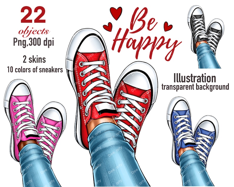 K&ouml;nnte beinhalten: Illustration von drei Paar Sneakers mit dem Text "Be Happy" in roten Buchstaben. Die Sneakers sind rot, pink und blau. Die Sneakers werden von einer Person getragen, die eine blaue Jeans tr&auml;gt.