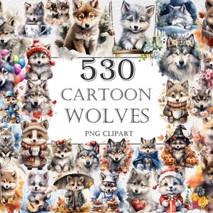 Cartoon Wolves Watercolor Clipart Bundle - 530 PNG Cute Adorable Wolf Images, Wolves Graphics, Instant Digital Download, Commercial Use