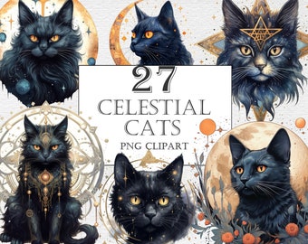 Puede incluir: Colección de arte digital con 27 gatos celestiales. Cada gato negro tiene ojos naranja brillantes, con elementos celestiales como lunas y estrellas. El texto "27 CELESTIAL CATS PNG CLIPART" es visible.