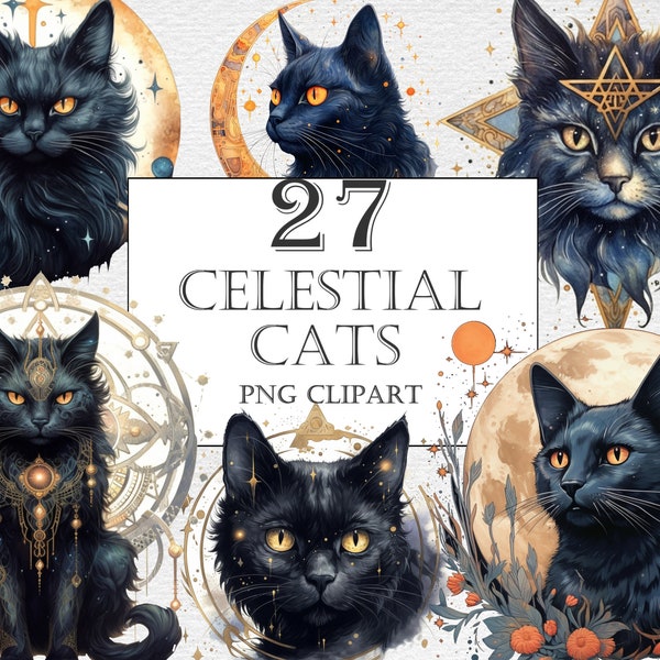 Celestial watercolour cats clipart, Fantasy black cats clipart, Cats Transparent BG Fantasy Illustration, Witch cats png, Magic cats clipart