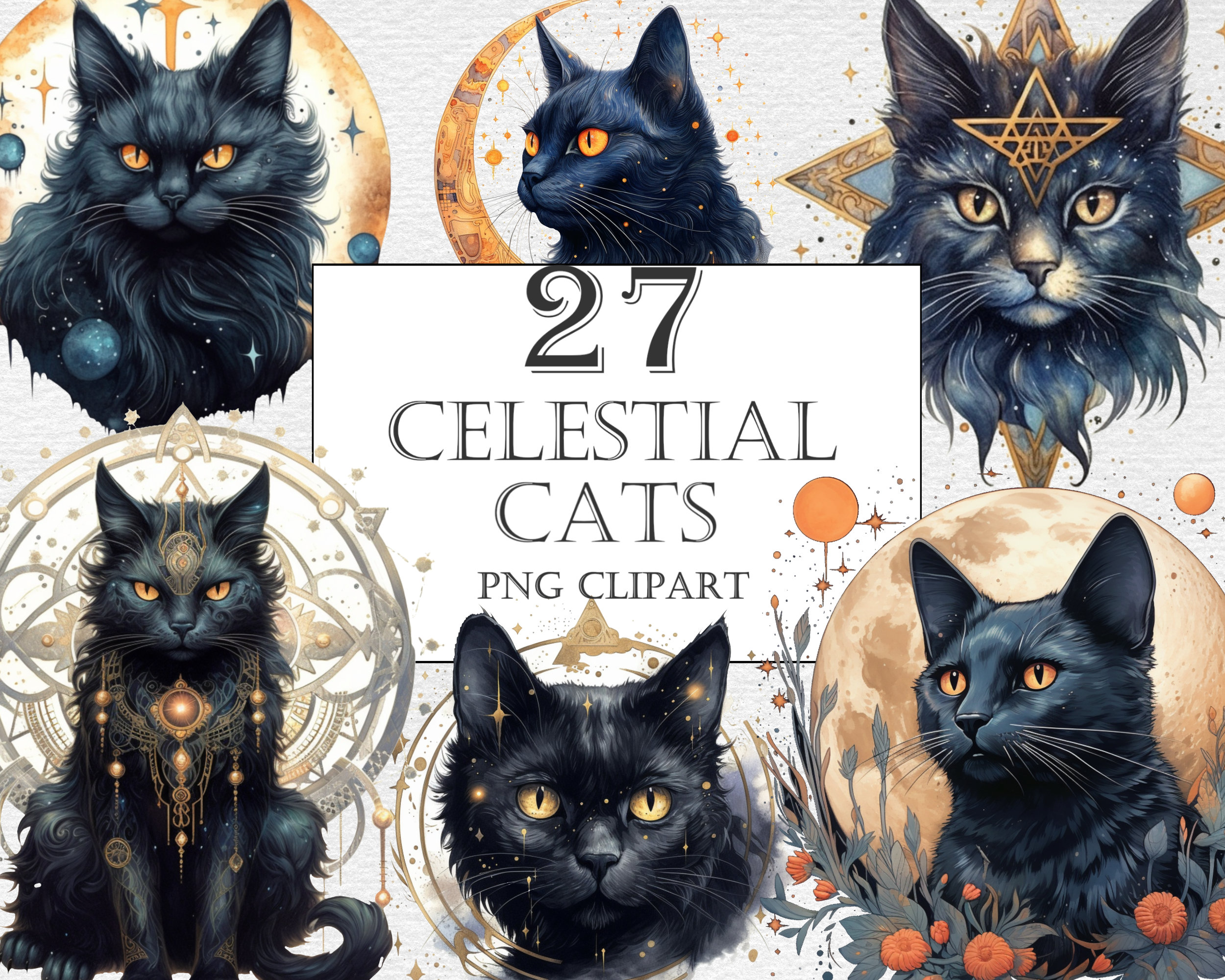 Celestial Watercolour Cats Clipart, Fantasy Black Cats Clipart, Cats ...