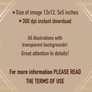 May include: A digital illustration of a geometric pattern in gold and white on a beige background. The text "Size of image 12x12, 5x5 inches" and "300 dpi instant download" is displayed in brown text. The text "All illustrations with transparent backgrounds! Great attention to details!" is displayed in brown text. The text "For more information PLEASE READ THE TERMS OF USE" is displayed in brown text.