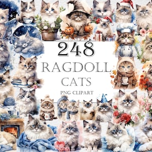 Ragdoll Cats Watercolor Clipart Bundle - 248 PNG Adorable Images, Cute Kitten Graphics Printables, Instant Digital Download, Commercial Use