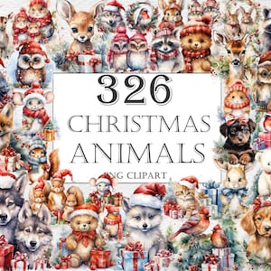 Pacote de clipart em aquarela de animais de Natal - 326 imagens PNG de feriados de animais festivos com chapéus de Papai Noel, download digital instantâneo, animais bebês