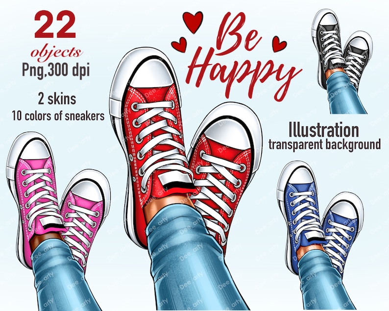 K&ouml;nnte beinhalten: Eine digitale Illustration von drei Paar Sneakers mit dem Text "Be Happy" in roter Kursivschrift. Die Sneakers sind rot, pink und blau mit wei&szlig;en Schn&uuml;rsenkeln. Die Sneakers werden von Beinen getragen, die eine blaue Jeans tragen.