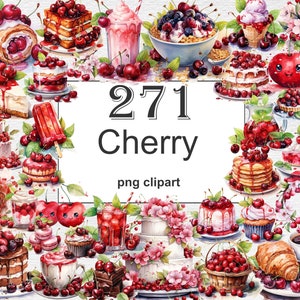 Puede incluir: Una colección de 271 ilustraciones de acuarela de cerezas y postres con temática de cerezas. Las ilustraciones incluyen cerezas, pasteles, cupcakes, helados, paletas de hielo y mucho más. Las ilustraciones son perfectas para usar en scrapbooking digital, creación de tarjetas y otros proyectos creativos.