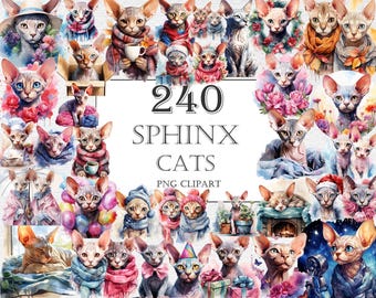 May include: A digital collage featuring 240 Sphinx cats in various poses and outfits. The cats are depicted in watercolor style, wearing hats, scarves, and holding mugs. The text "240 SPHINX CATS PNG CLIPART" is displayed.