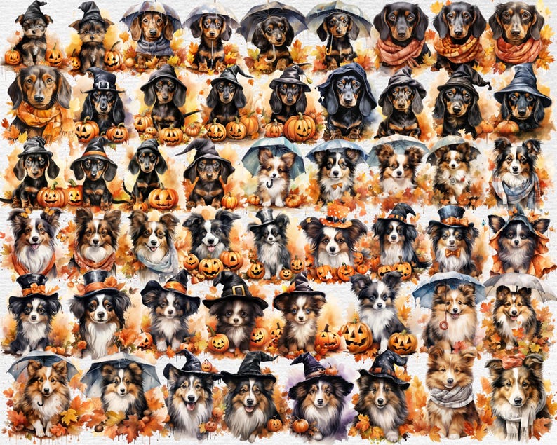 Halloween/ Autumn Dogs Watercolor Clipart Bundle - 387 PNG Cute Pets ...