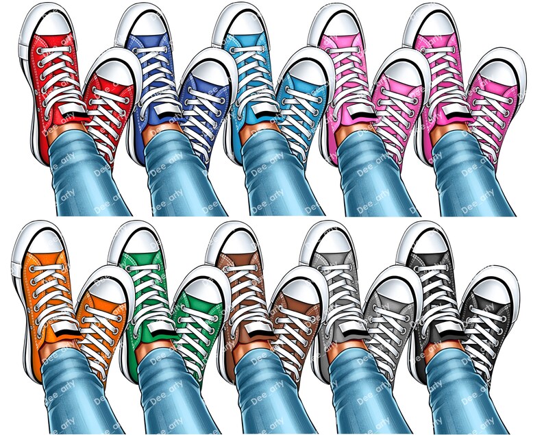 K&ouml;nnte beinhalten: Ein Set aus neun Paaren bunter Canvas-Sneaker mit wei&szlig;en Schn&uuml;rsenkeln. Die Sneaker sind in drei Reihen mit jeweils drei Paaren angeordnet, wobei jede Reihe ein anderes Farbschema aufweist. Die Sneaker sind alle abgenutzt und haben einen Used-Look, der ihnen ein Vintage-Feeling verleiht.