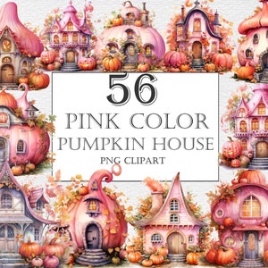 Pink Watercolor pumpkin house clipart, 100 PNG autumn pumpkin cottage clipart, Fantasy Magical Homes, Fairy tale house, Halloween clipart