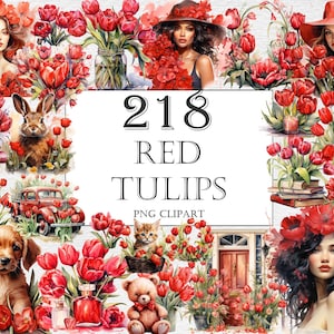 Bundle de cliparts aquarelle tulipes rouges, 218 Images de fleurs de tulipes PNG, beaux graphiques floraux, PNG, téléchargement numérique instantané, usage Commercial