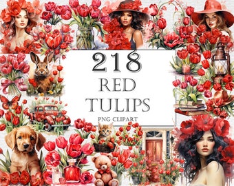 Pacote de clipart aquarela de tulipas vermelhas, 218 imagens PNG de flores de tulipa, lindos gráficos florais, PNG, download digital instantâneo, uso comercial