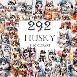 Husky Dogs Watercolor Clipart Bundle - 292 PNG Adorable Images, Cute Dog Graphics, Puppy Printables, Instant Digital Download,Commercial Use