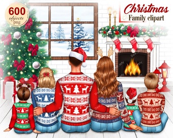Christmas FAMILY LOOK Clipart, Custom Family Clipart, Sitting Family, Christmas Mom Dad Children, Customizable Clipart PNG for Sublimation