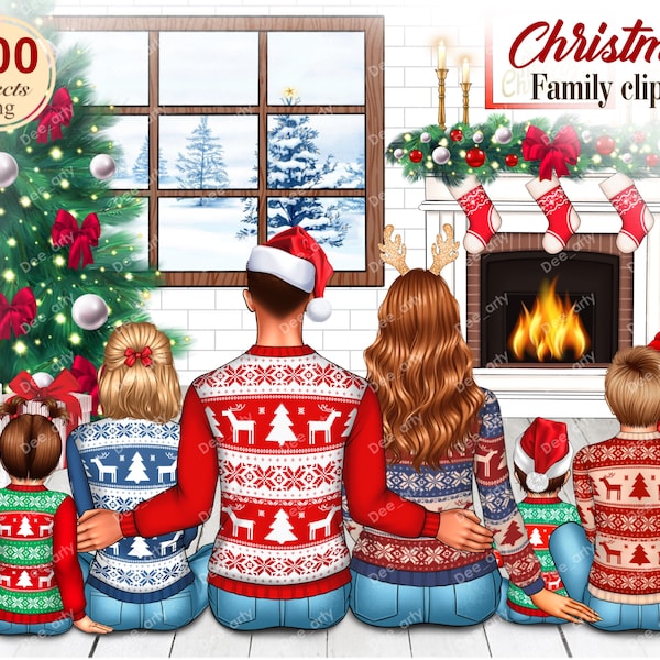 Christmas FAMILY LOOK Clipart, Custom Family Clipart, Sitting Family, Christmas Mom Dad Children, Customizable Clipart PNG for Sublimation