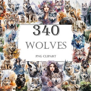 Wölfe Aquarell Clipart Bundle - 340 PNG Bilder, Fantasy magische Grafiken, PNG, sofortiger digitaler Download, kommerzielle Nutzung